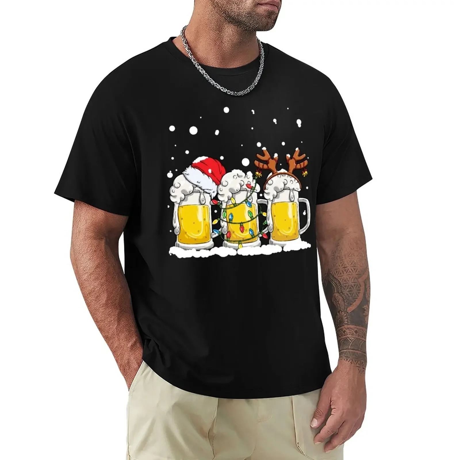 cute tops tops mens graphic t-shirts pack Beer Christmas shirt Mug Santa Reinbeer Xmas lights Men Gift T-Shirt men clothing new