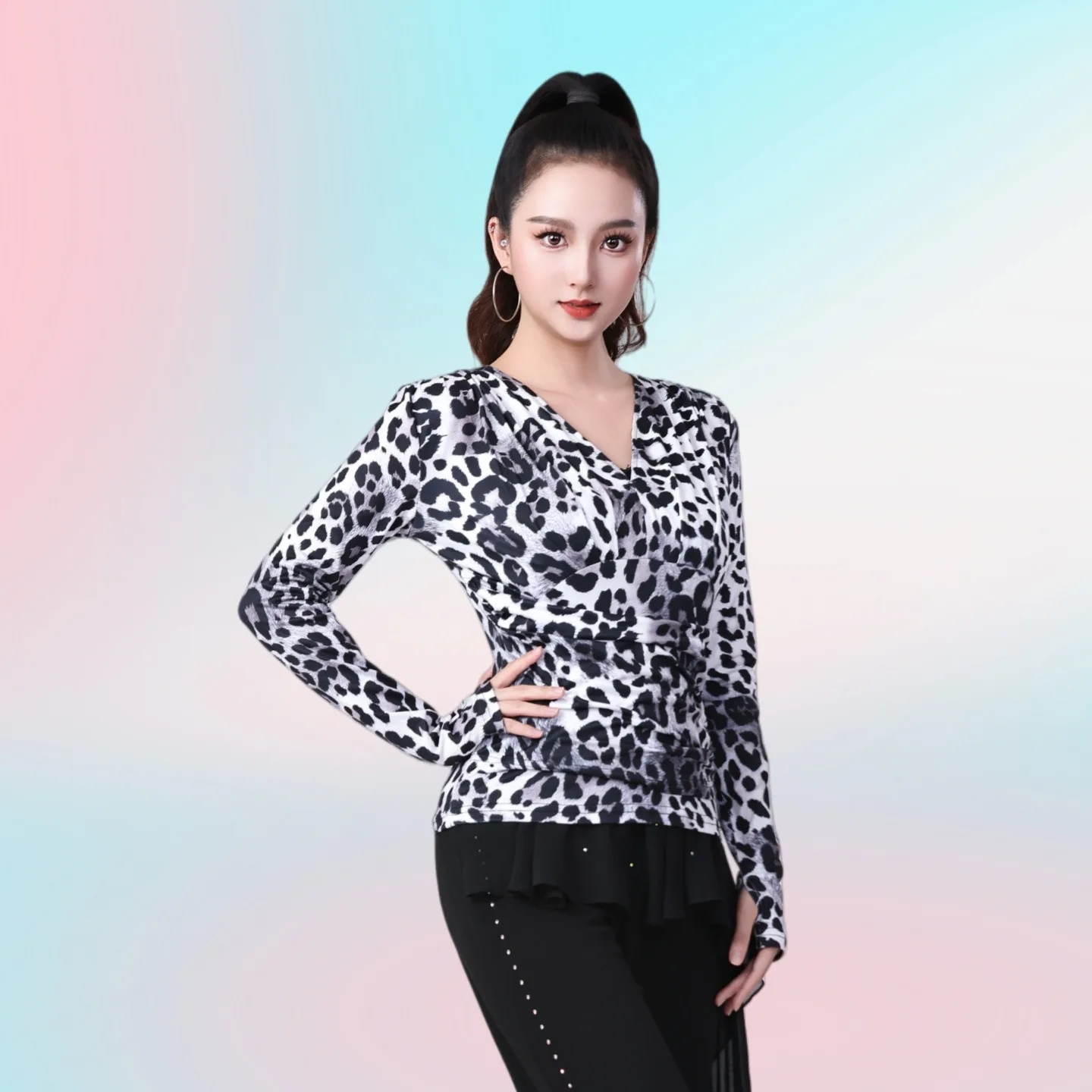 

Jitba новый женский черно-белый леопардовый принт тонкий топ с длинными рукавами квадратный танцевальный костюм для латинских танцев