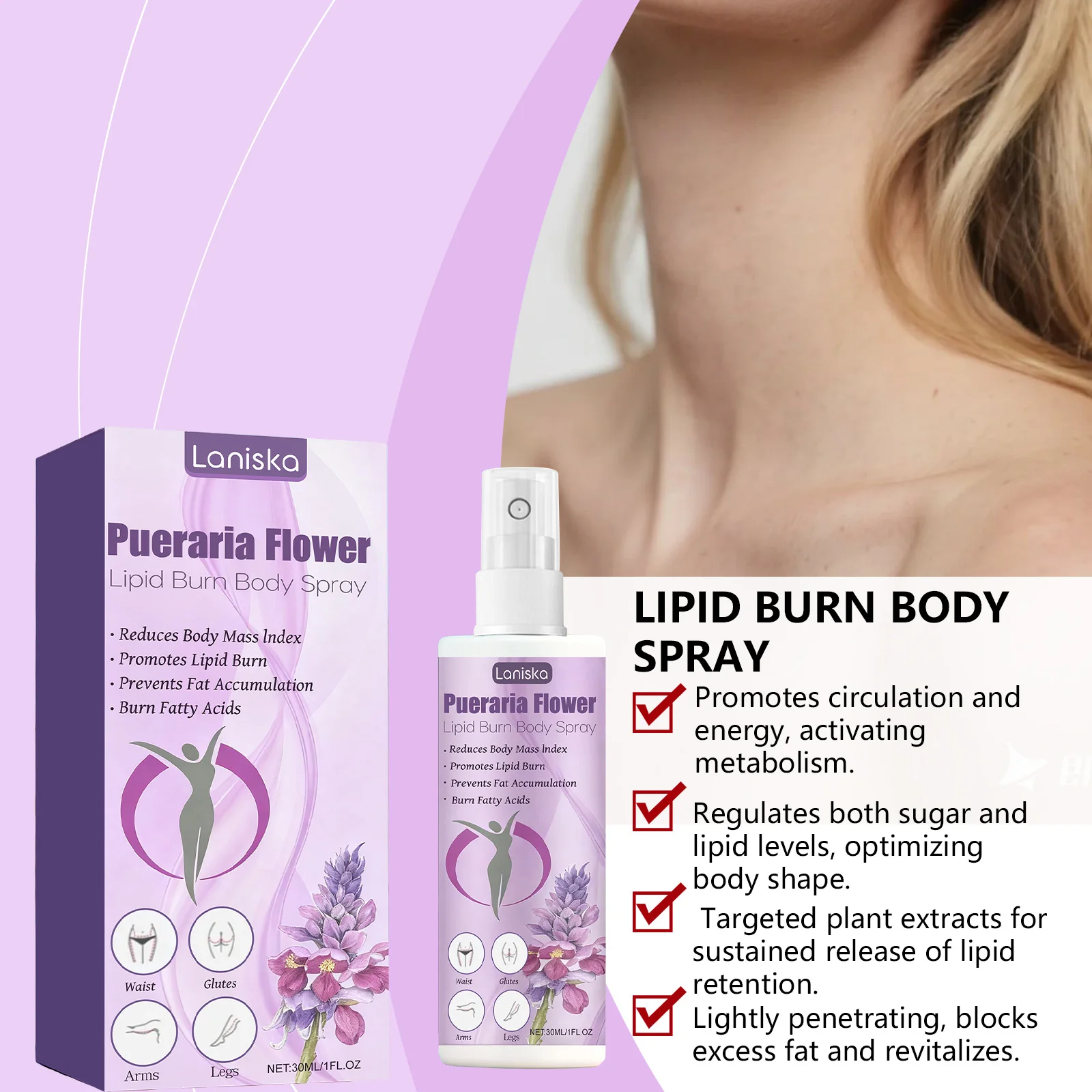 El spray para el cuidado corporal de Pueraria mirifica no es graso, se absorbe fácilmente, promueve la circulación sanguínea y es adecuado para el uso diario.