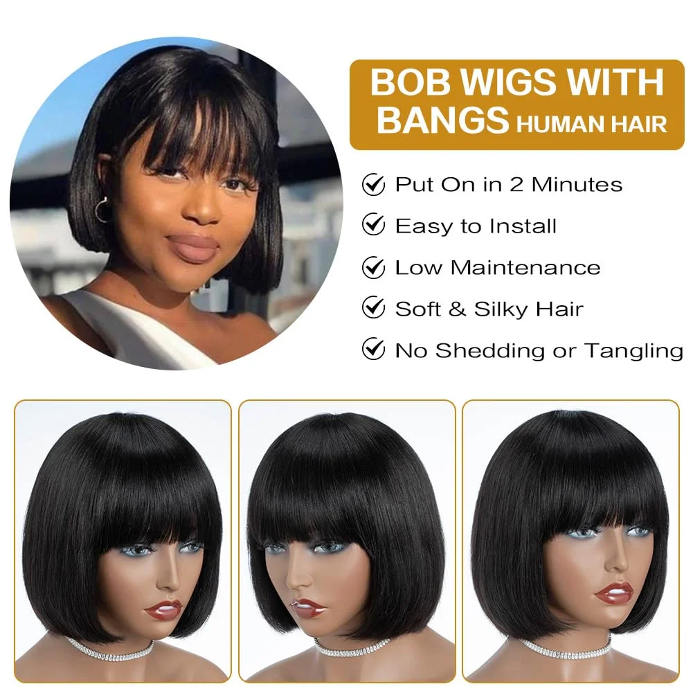 Parrucca per capelli umani Bob con frangia per donne nere Capelli corti lisci Parrucche Bob corte fatte a macchina da 8 pollici nere naturali senza colla