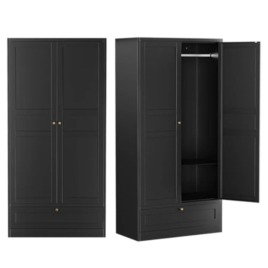 72 X 36 X 18 Black Metal Wardrobe Armoire with Drawers and Hanging Rod for Home Office Bedroom Storage Solution Durable Steel C