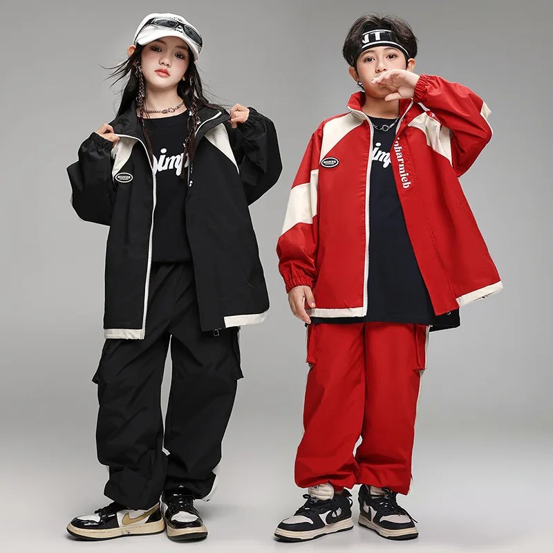 

Kid Cool Red Black Hip Hop Clothing Color Block Windbreaker Jacket Casual Jogger Pants for Girl Boy Jazz Dance Costume Clothes