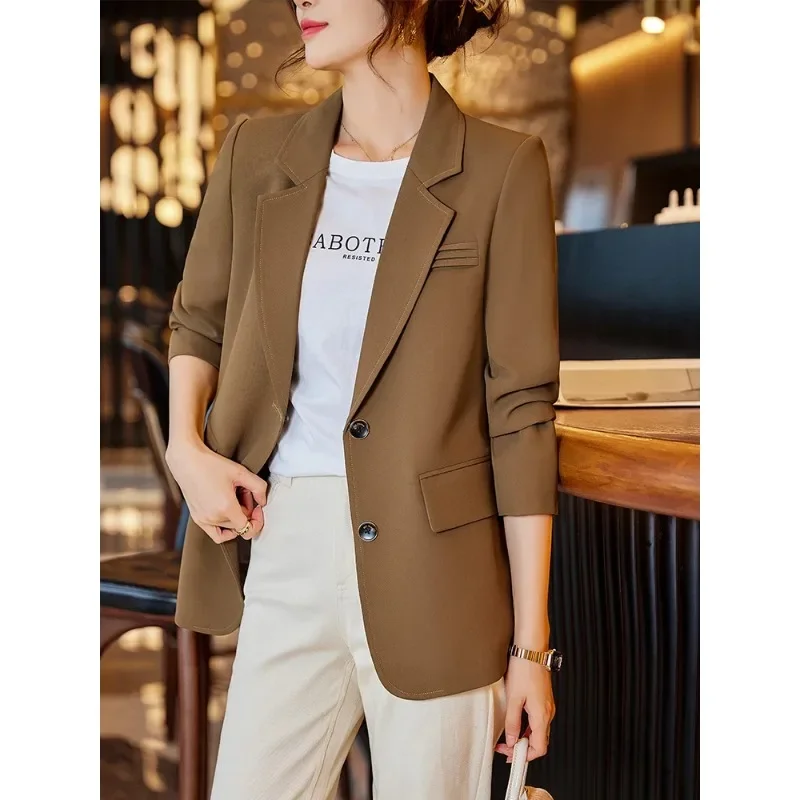 Fashion Women Blazer Jacket Ladies Pink Coffee Black Female Long Sleeve Single Breasted Straight Coat For Autumn Winter