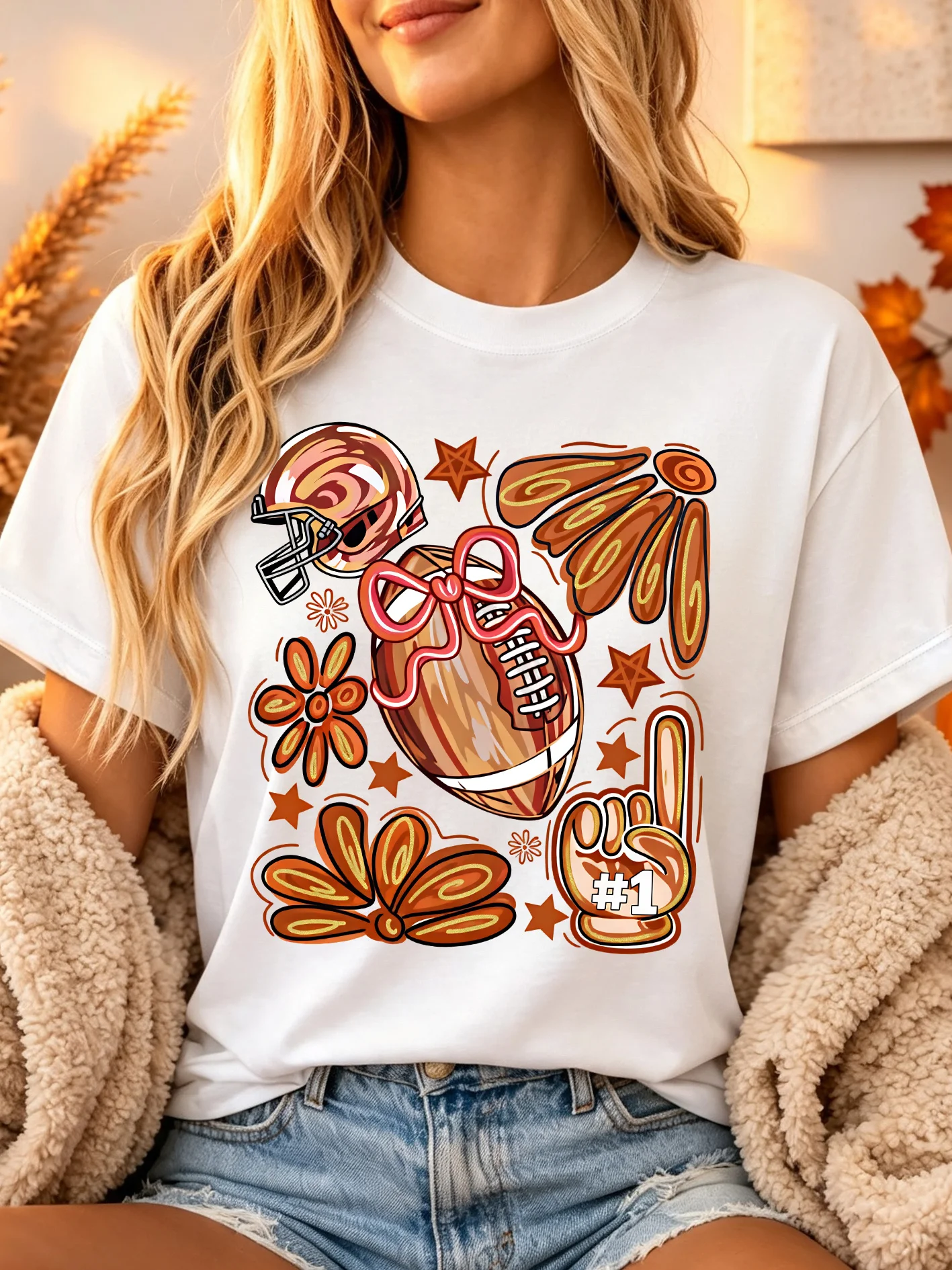 Retro Football Helmet Bow Floral Womens Crew Neck Short Sleeve T Shirt Game Day Sport Graphic Tees For Ladies Daily Wear