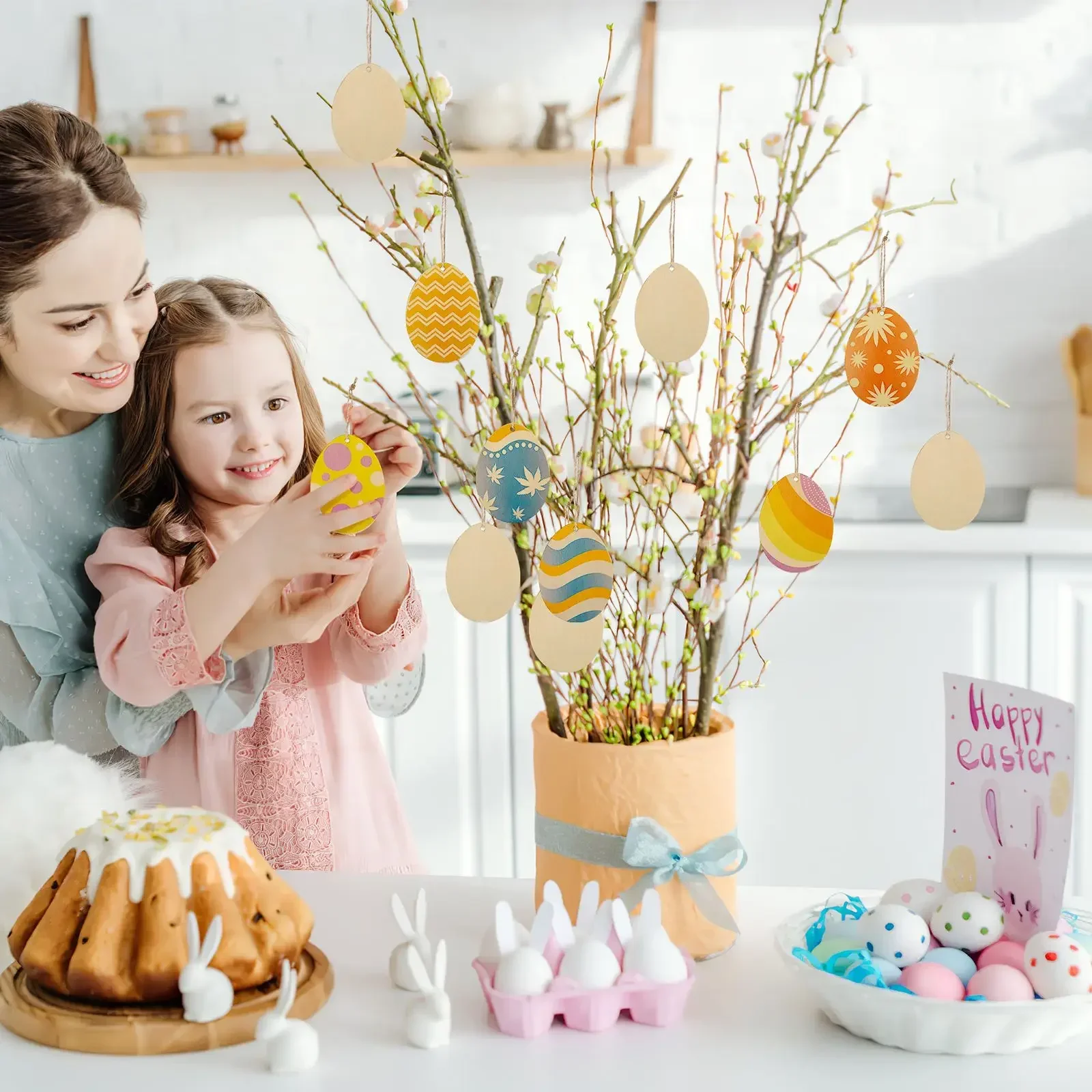 

48Pcs Wooden Easter Egg Pendant Unpainted Eggs Hanging Decor Decorations for Tag Ornaments Spring Tree Aldult