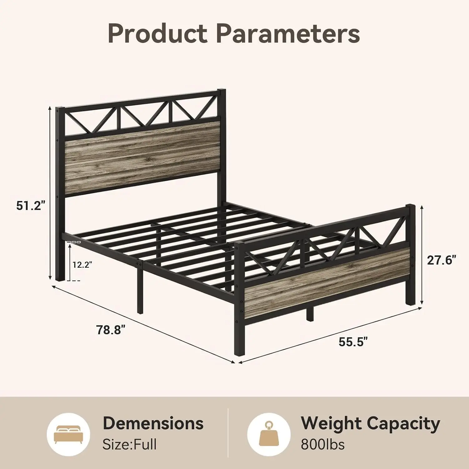 Full Size Bed Frame with 51.2'' Tall Headboard, Wash Grey