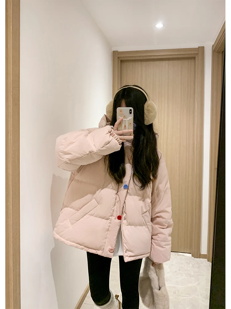 

Теплая женская пуховая куртка с капюшоном и воротником-стойкой на пуговицах, в стиле Rainbow Sugar, уютная, модная, для повседневной носки, с длинными рукавами