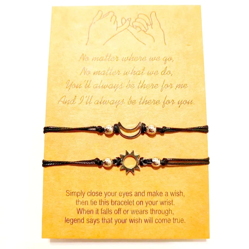 Trendy Sun, Moon and Stars Couples Bracelet Set with Blessing Cards, Adjustable Handmade Braided Rope Bracelet Set