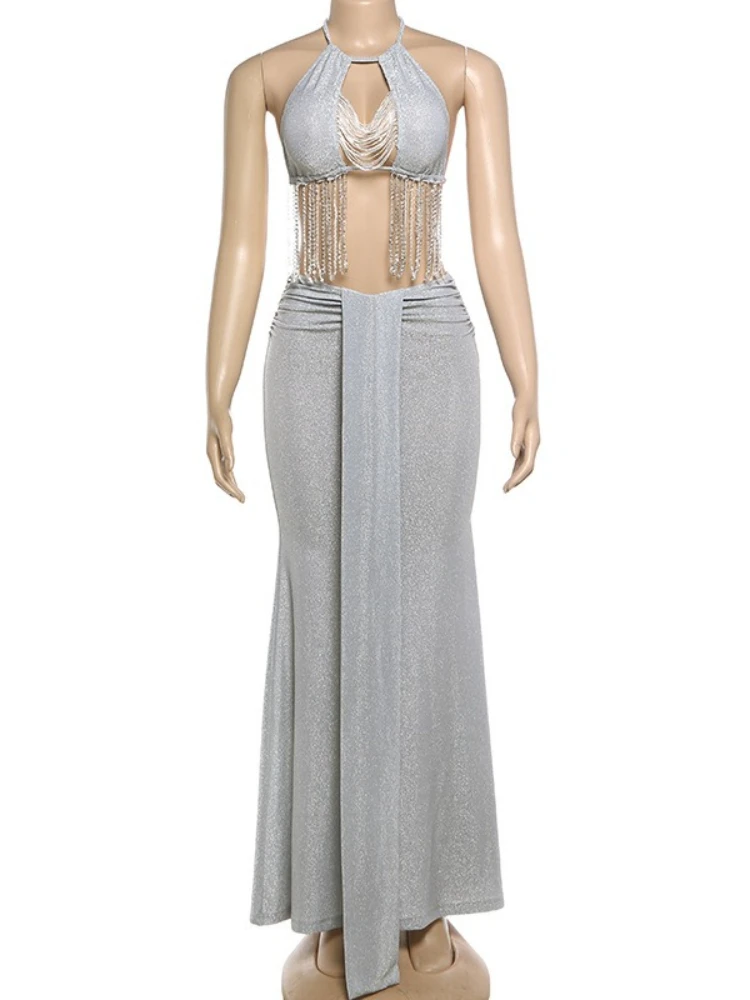 Tossy Sexy Necklace 2 Piece-Set Long Skirt Women Backless Tassel Cropped Top Slim High Waist Maxi Skirt Outfits Women's Sets New