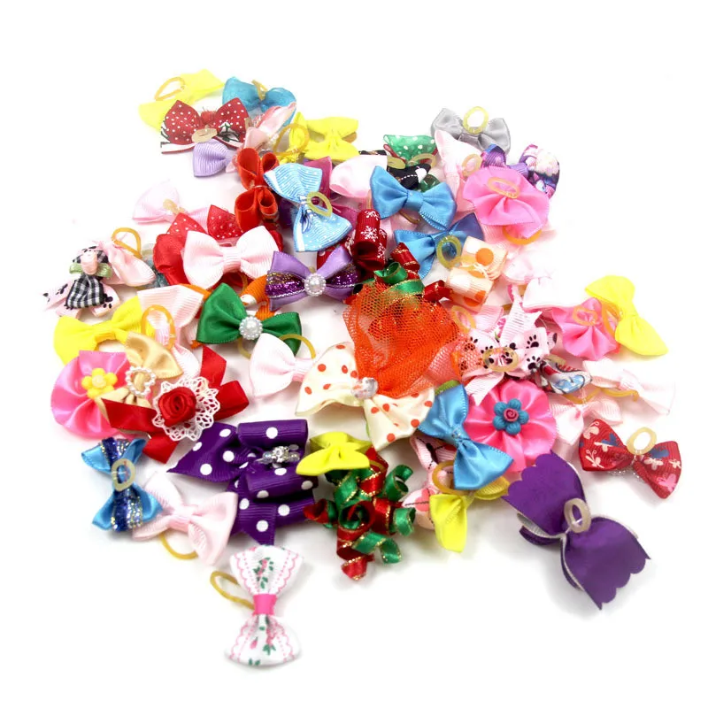 5Pcs Variety of Mixed Color Pet Flower Head Pet Grooming Accessories Cute Cats and Dogs Bows with Elastic Rubber Band Headgear