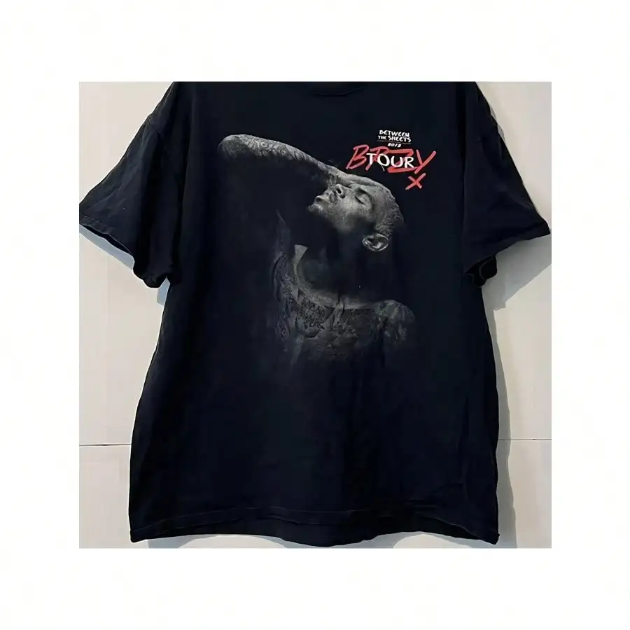 Vintage Gildan camiseta para hombre Chris Brown entre las hojas 2015 Tour hombres pantalón corto casual manga 230g cuello redondo manga corta Tops
