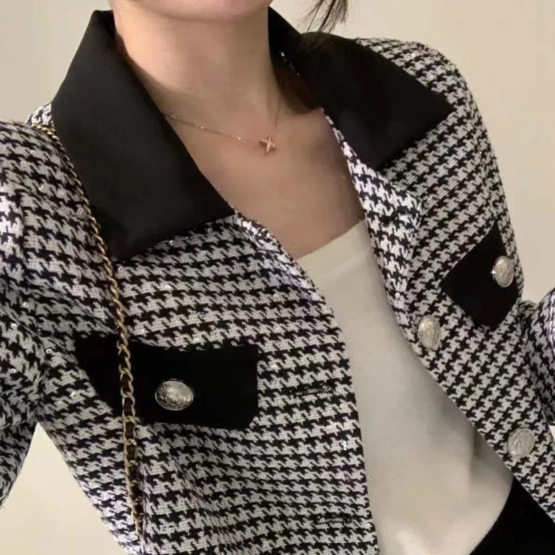 Spring Autumn New Fashion Turn-down Collar Long Sleeve Houndstooth Jackets Women's Clothing Button Korean Sweet Trend Chic Tops