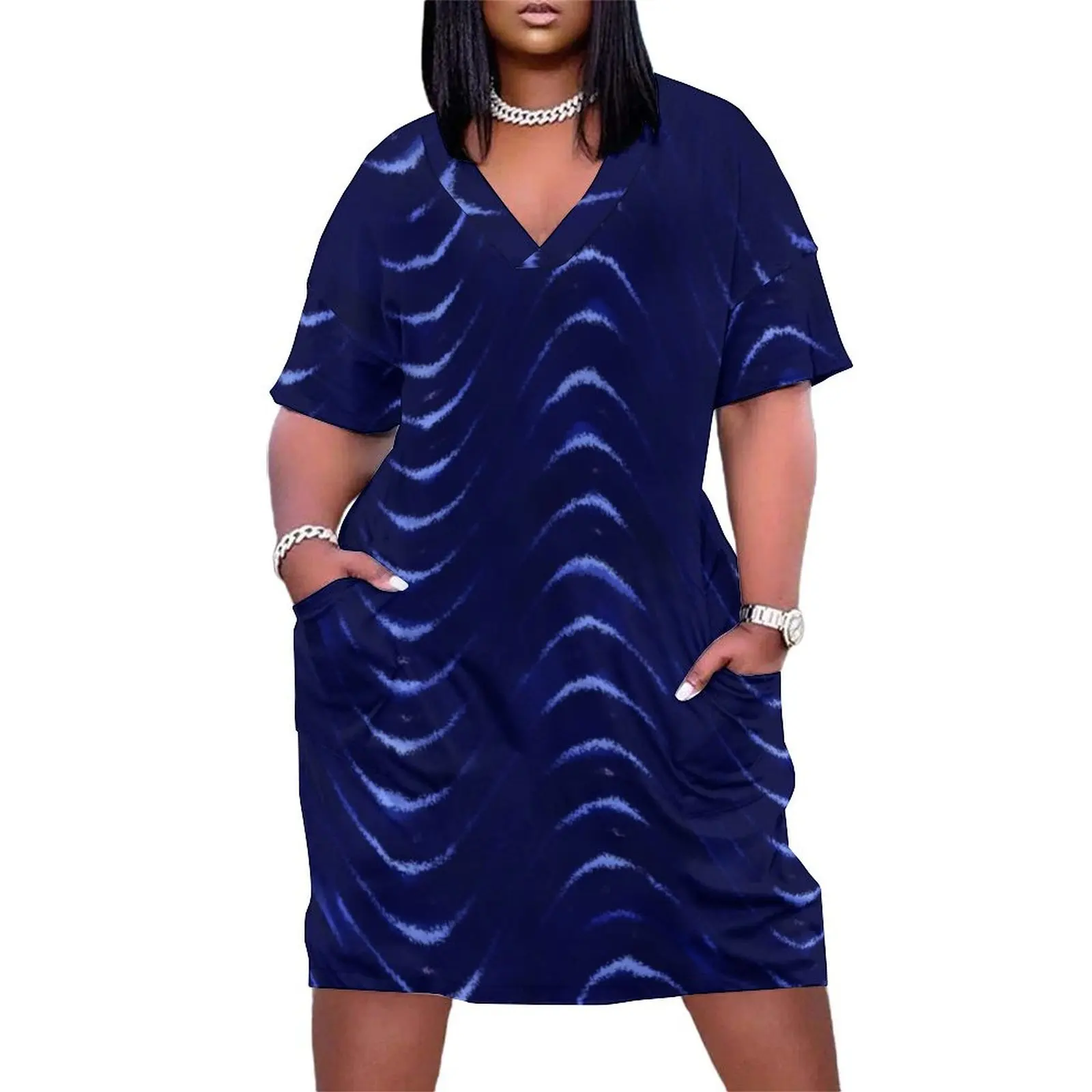 Blue Wave Pattern Loose Pocket Dress Women's summer skirt Woman dresses elegant dresses plus sizes