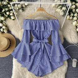 Chic Sweet Off Shoulder Striped Ruffle Jumpsuit Vintage Slash Neck High Waist Romper French Casual Spring Summer Women Playsuit