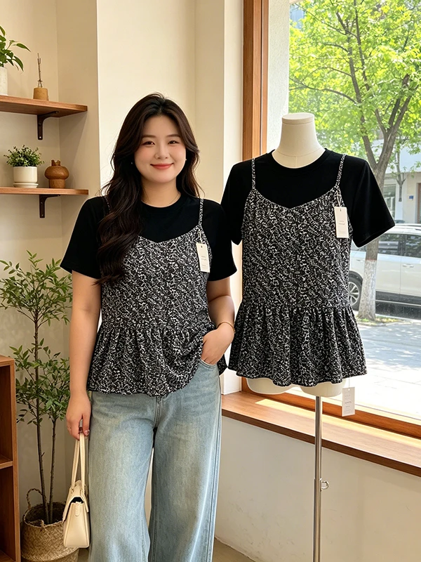 

plus Size Summer New Lazy Grey round Neck Short Sleeve Women's T-Shirt Gentle White Lace Trim Set Korean Style Two-Piece Suit