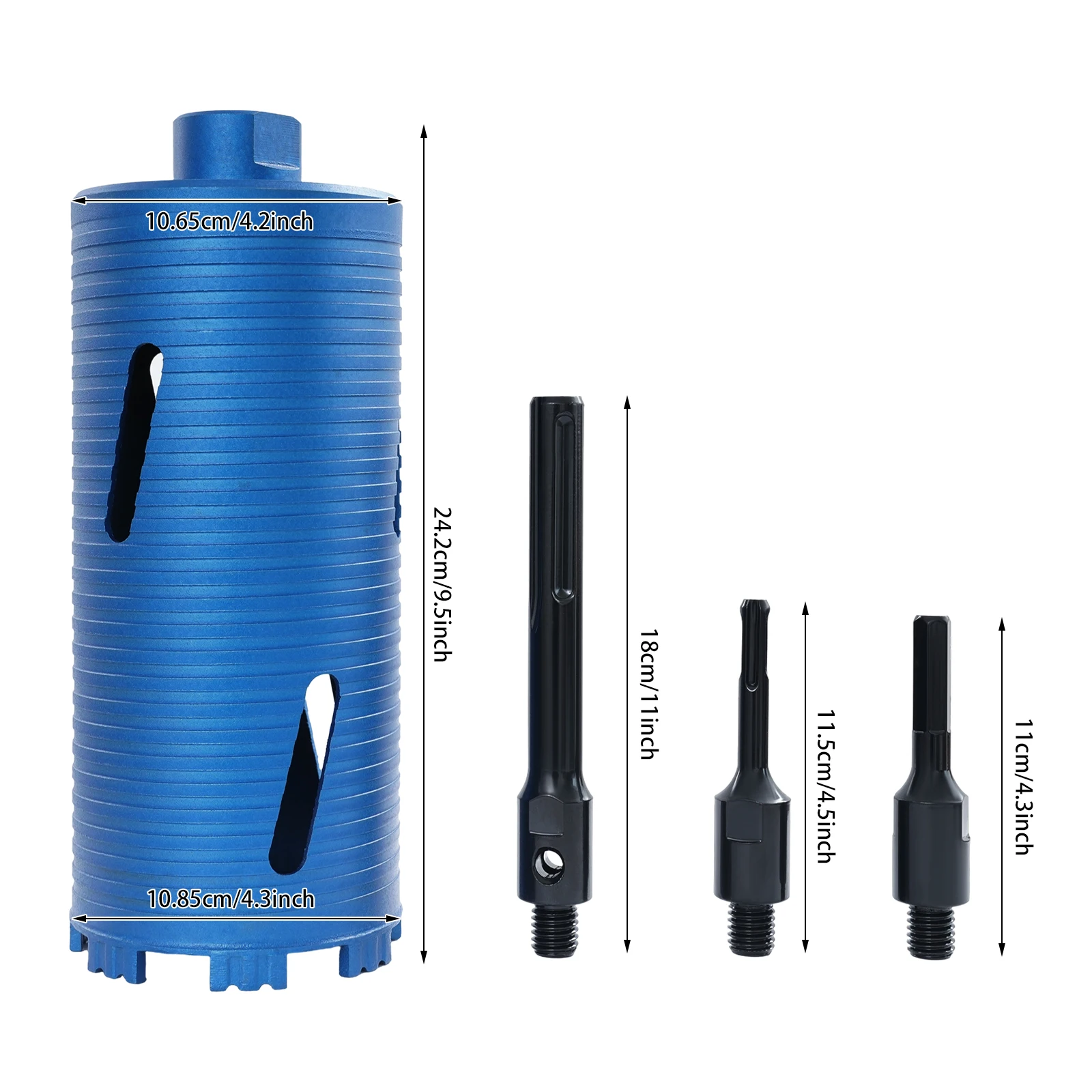 

Blue+ Black 10.85cm/4.27in Core Drill Bit, 5/8" Thread Drill Bit, Drill Bit with 3 Adapters for Wall Openings, Stone Openings