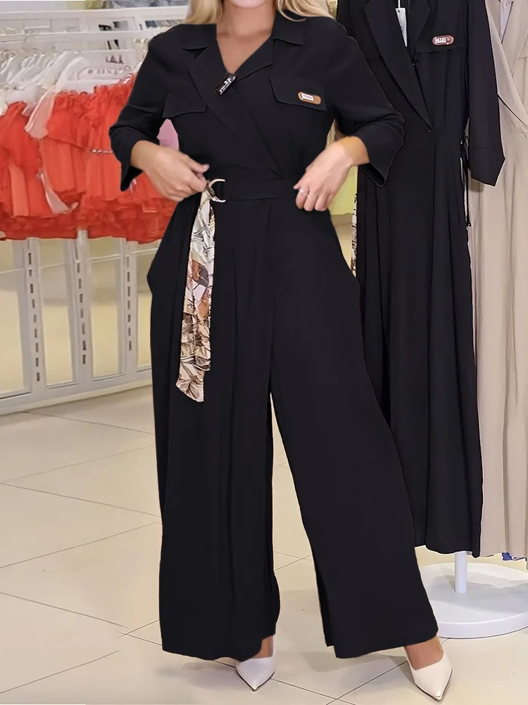 

Весенний женский повседневный асимметричный комбинезон с отложным воротником и длинными рукавами на завязках