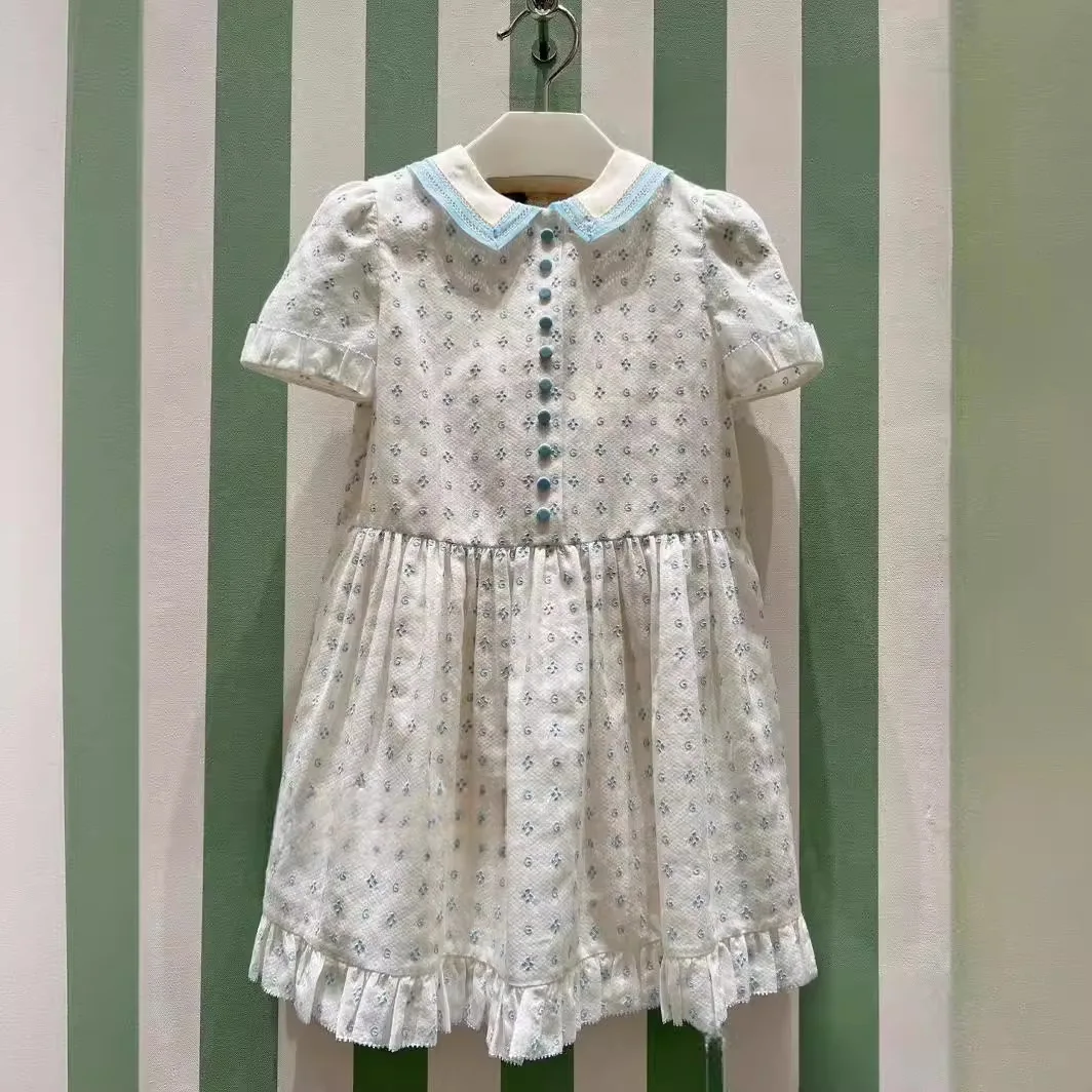 

Kids Dress 2024 New Summer Girls Cute Flower Print Short Sleeve Princess Dress brand design