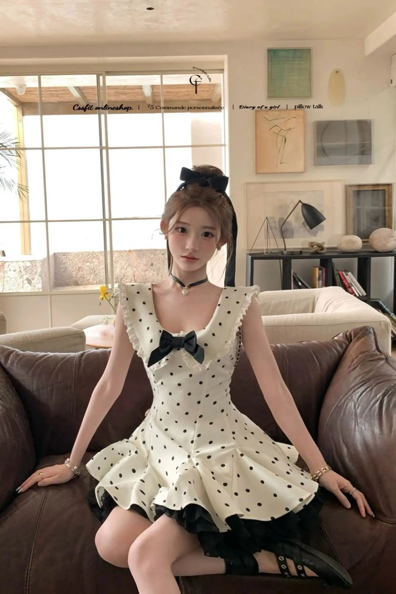 

French Polka Dot Vest Dress 2025 Sailor Collar Bow Lace Trim Mini Dress Princess Sweet Slimming Waist Casual/Party/Daily Outfit