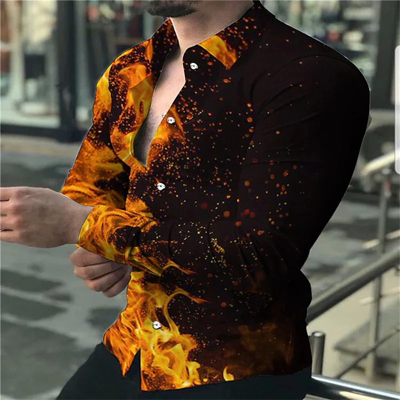 Shirt Men Rainbow Flame Geometric Pattern Print Lapel Outdoor Street Long Sleeve Print Clothing Fashion Street Designer Casual