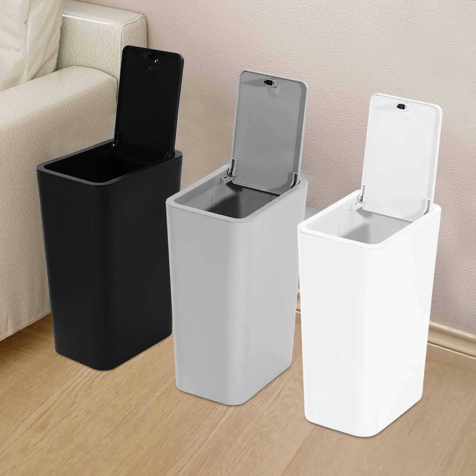 Bote de basura de 3 uds (negro/blanco/gris), cubo de basura de PP de 9L con tapa emergente extraíble para patio, restaurante, cocina, baño, sala de estar