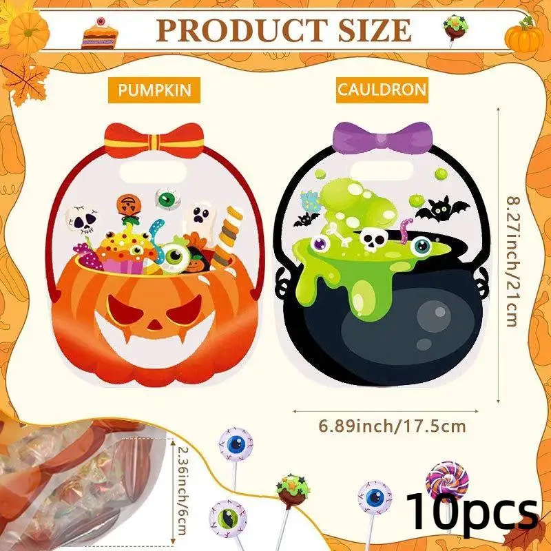 10pcs Halloween Pumpkin Witch Cauldron Self Sealing Bags For Cookie Candy Jewelry Gift Packaging Storage Supplies