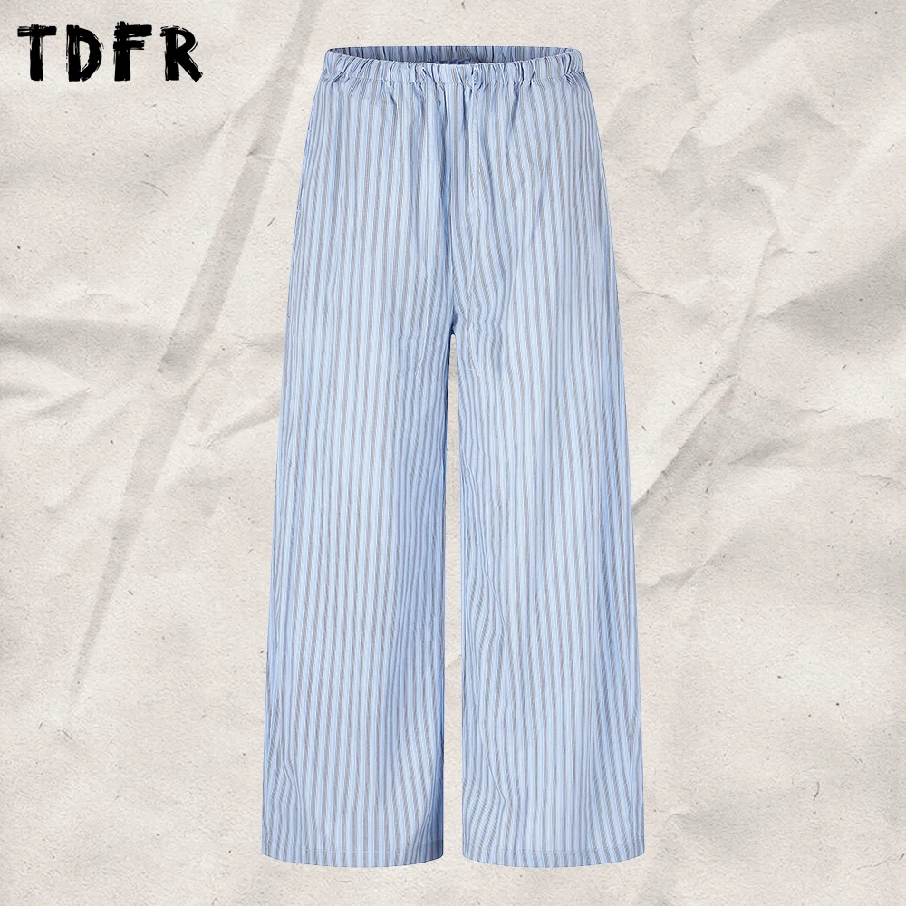 Vertical Stripes Trousers Mens Casual Lazy Chic Drawstring Elastic Waist Baggy Straight-leg Pants Man