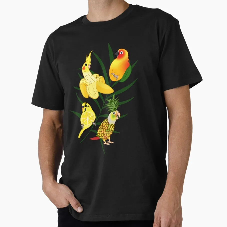Aesthetic birb fruit doodles Funny Parrot Gift T-Shirt for Birds Lover Short Sleeve Graphic Clothes All Size Tee S-6XL