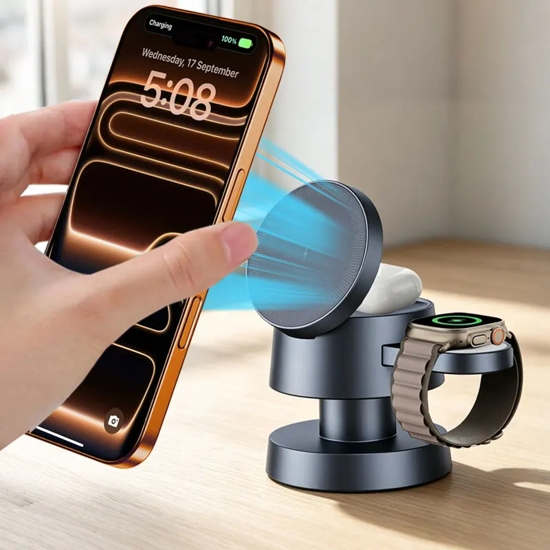 ledライト付き磁気3in1ワイヤレス充電ステーション、magsafe-iphone-17～12-pro-max、apple-watch、airpods-pro-4対応、急速充電