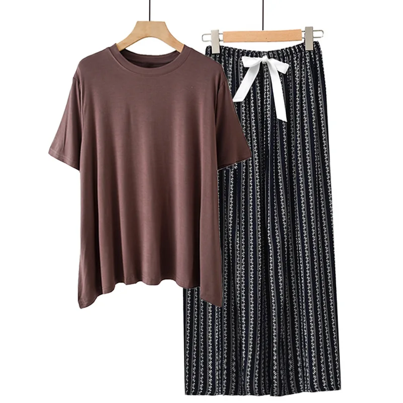 

Summer Modal Viscose Pajamas Sets 2 Piece Short Sleeve with Botanical Print Cropped Pants Casual Homewear for Lady's Loungewear