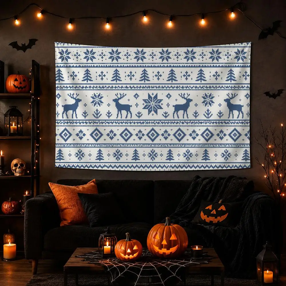 Ice Blue Christmas Knit Polyester Wall Tapestry, Warm Bedroom Background Cloth Healing Household Decoration Wall Decor Gift