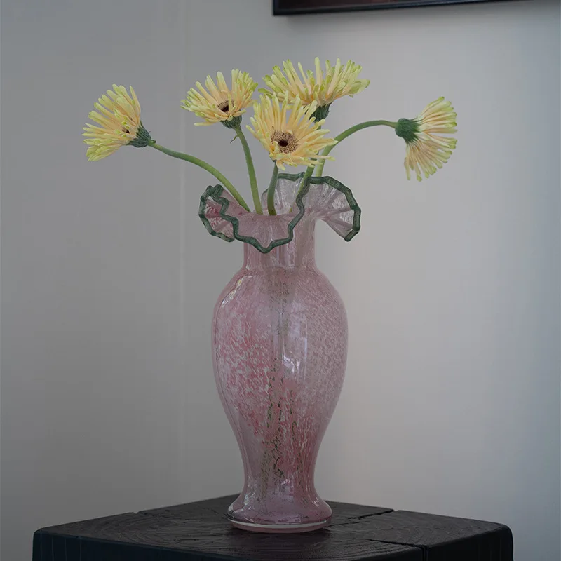 

High-value pink glass vase, Fenton flower device, high-end home desktop ornament ins wind flower vase