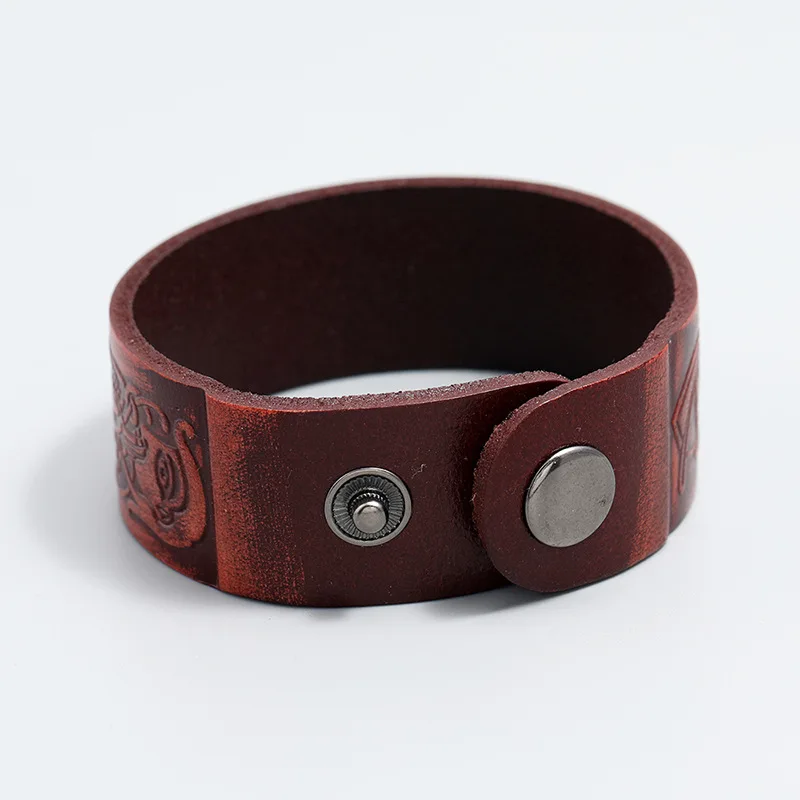 Vintage Genuine Leather Emboss Ancient Egyptian Totems Bracelet Men Wide Retro Simple Cuff Bracele