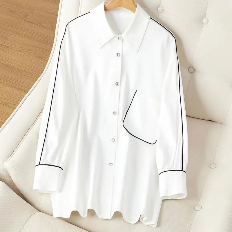 Casual Fashion Solid Color Button Spliced Pockets Shirt Female Clothing 2022 Autumn New Korean Tops All-match Office Lady Blouse