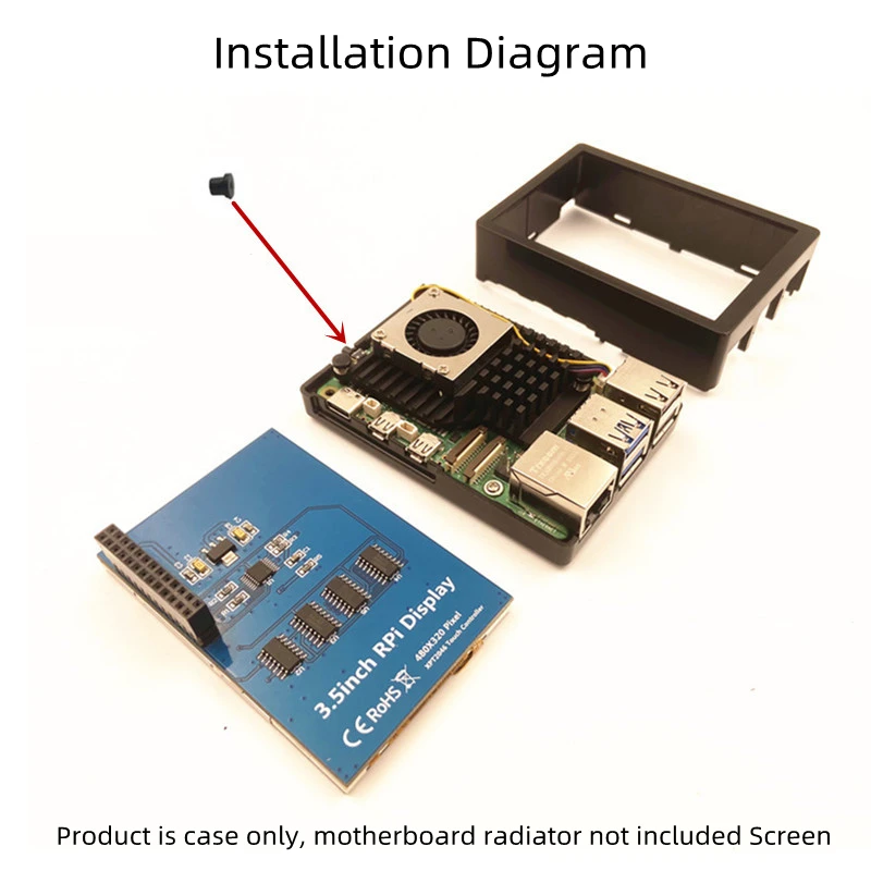 For Raspberry Pi 5 Generation Shell Support 3.5 Inch Touch Screen Installation Compatible with the Official Radiator fan Housing