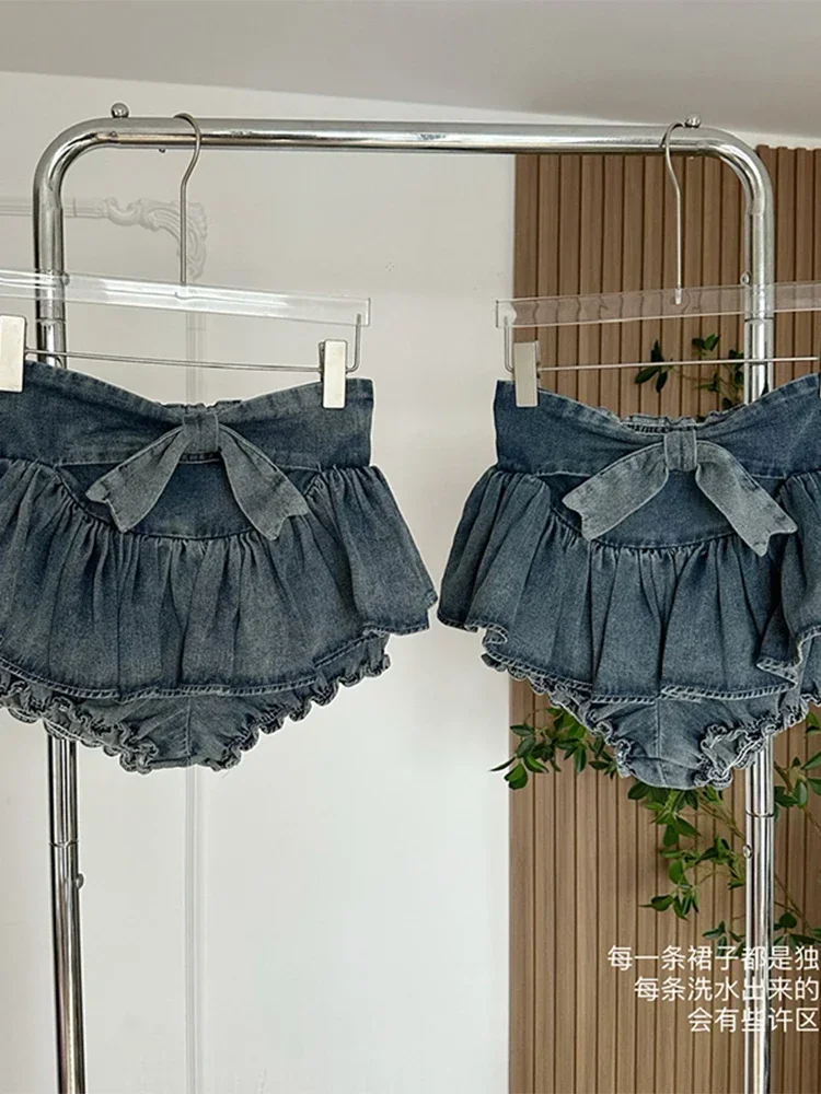 Women Denim Blue Jean Skirts Shorts 2024 Summer Bow Hot Girls Mini A-line Skirt Streetwear Sexy Y2k Irregular Kawaii Coquette