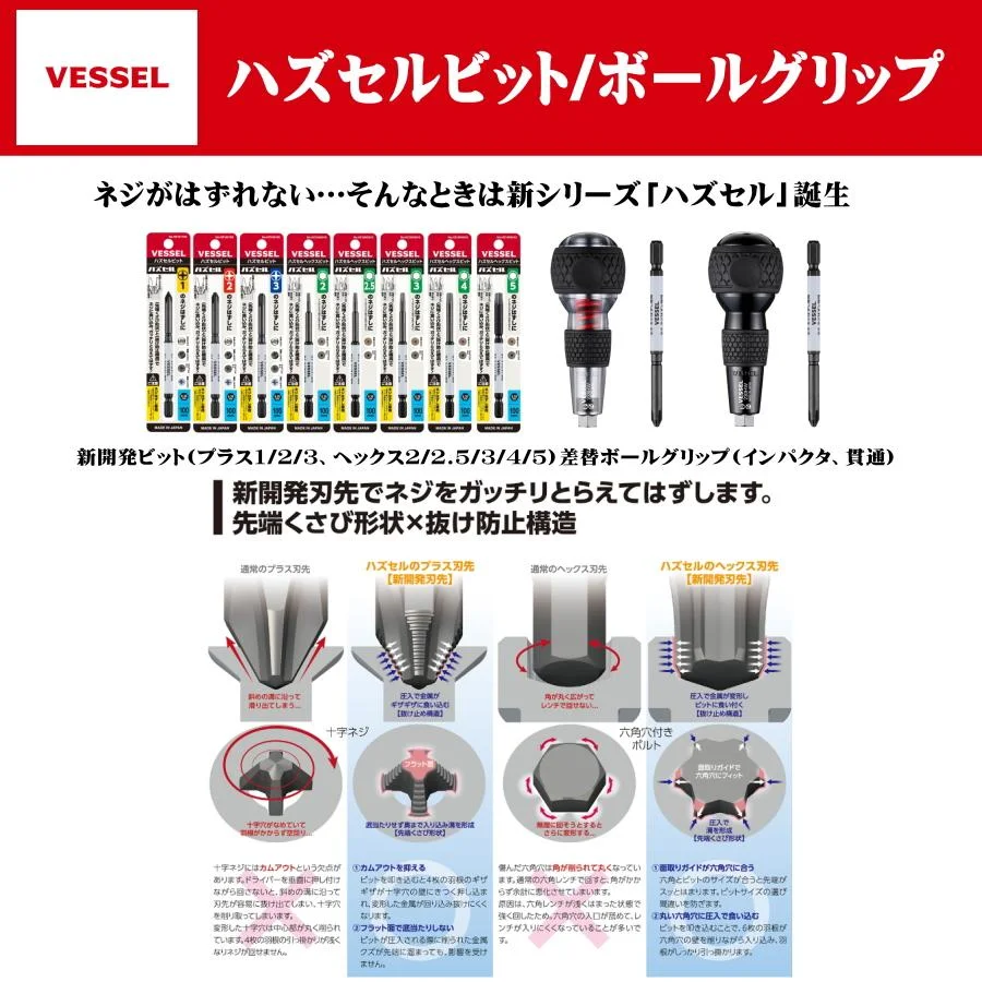 VESSEL 230HW Impact Screwdriver Set Ball Grip with Replacement Bits Interchangeable Hex Cross Screwdriver Bits