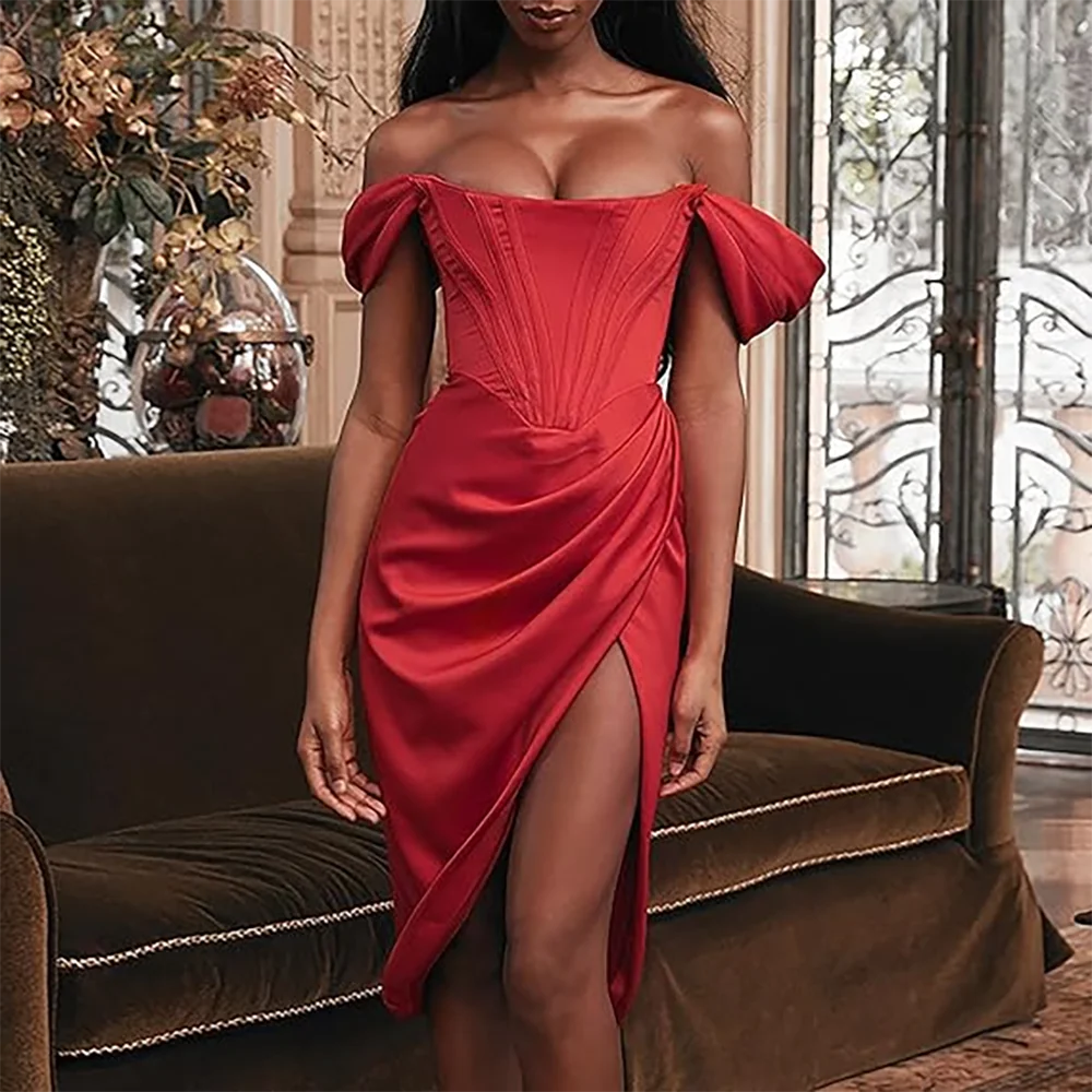 

Women's Bridesmaid Dress Customized Off The Shoulder Push-Up Midi Dress with High-Spit Cocktail Butterfly Costume Women's Dress