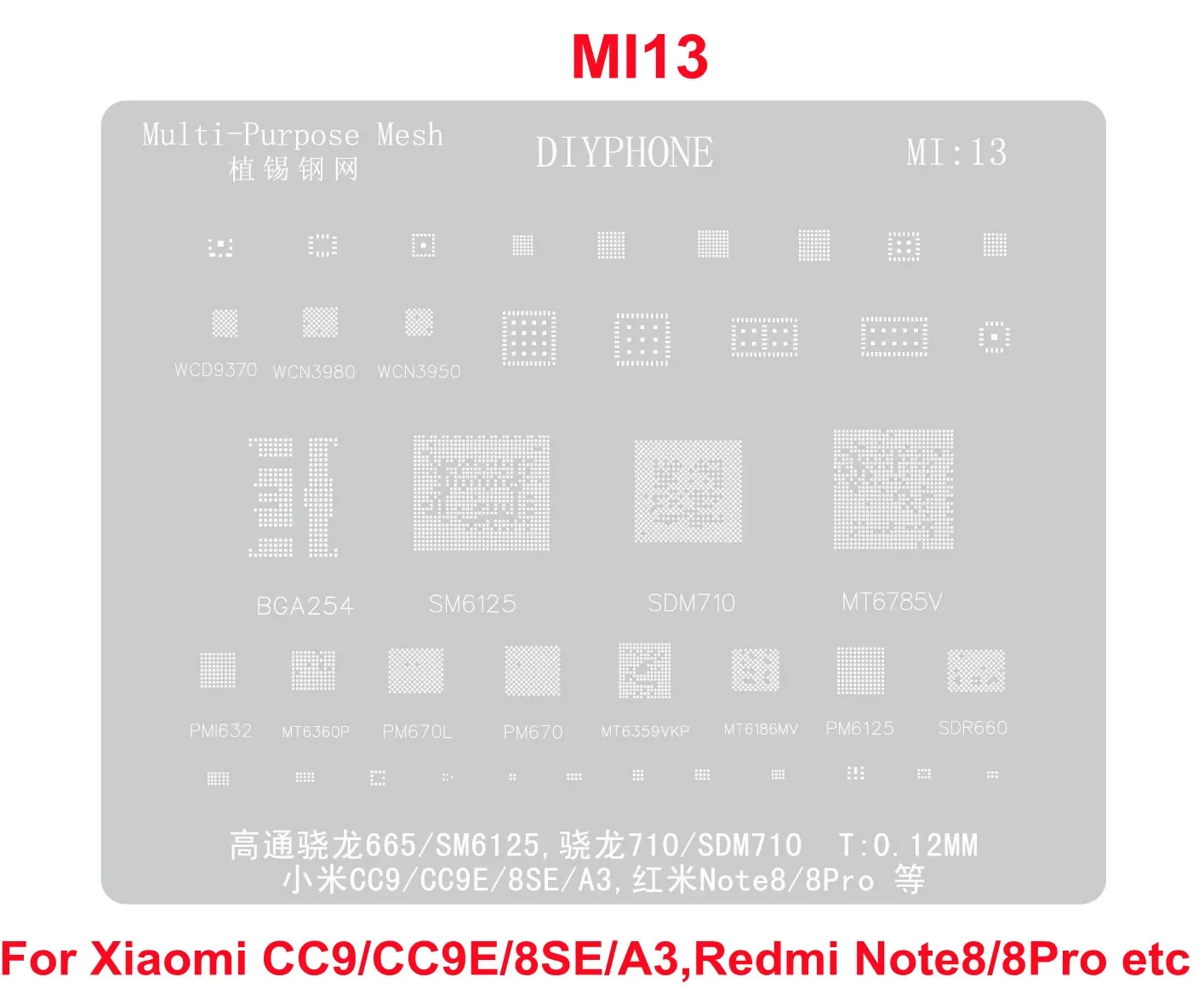 PHONEFIX BGA Stencil 0.12mm for Xiaomi 10/Note 11Pro/12Pro/13/13Ultra/POCO C40/ Redmi K30/K40/ K50/K50Pro CPU Tin Planting Net