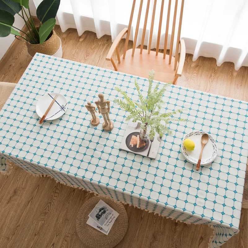 Jacquard ผ้าปูโต๊ะลายสก๊อตพู่ฝ้ายลินินอเมริกันกาแฟตารางสี่เหลี่ยมผืนผ้าแผ่นรองจานสิ่งทอหน้าแรก