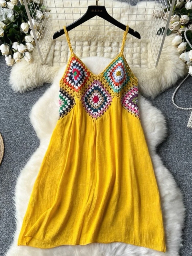 Boho-Urlaubsstil Camisole-Kleid für Damen mit Lochmuster, Farbverlauf und Häkelapplikationen, Lässiges A-Linien-Strandkleid