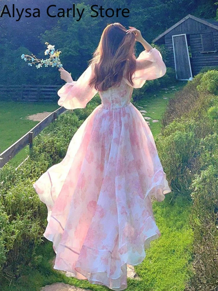 Vintage Floral Sweet Midi Dress Women Irregular Elegant Puff Sleeve Fairy Dress Female 2022 Autumn Casual Beach Party Dress Chic