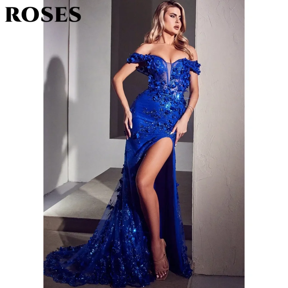 ROSES Sexy Sweetheart Off The Shoulder Prom Gown for Woman Applique Flowers Prom Dress with Fishbone Hollow Side Split Ball Gown