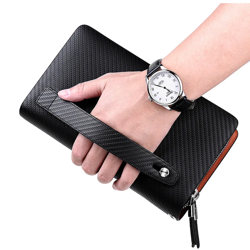 WILLIAMPOLO Genuine Leather Mens Wallets Business Large Capacity Clutch Bag Credit Card Holder Double Zipper Wallets for Men