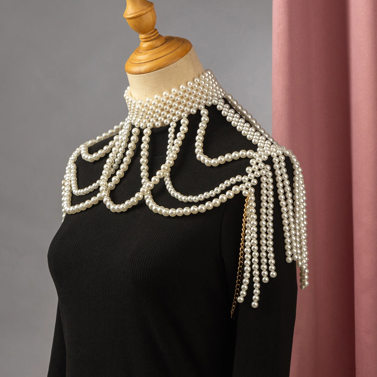 أنيقة الزفاف الكتف سلسلة مجوهرات اليدوية مطرز قلادة كبيرة الجوف تقليد اللؤلؤ الجسم سلسلة الزفاف شال الملحقات #3