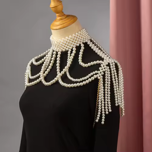 Elegant Bridal Shoulder Chain Jewelry Handmade Beaded Large Necklace Hollow Imitation Pearl Body Chain Wedding Shawl Accessories - Image 3