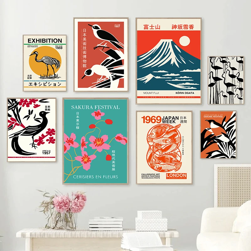 Póster de exposición japonesa del Festival de Fuji Sakura de montaje Vintage, pintura en lienzo, arte de pared Retro para sala de estar, decoración del hogar, Cuadros