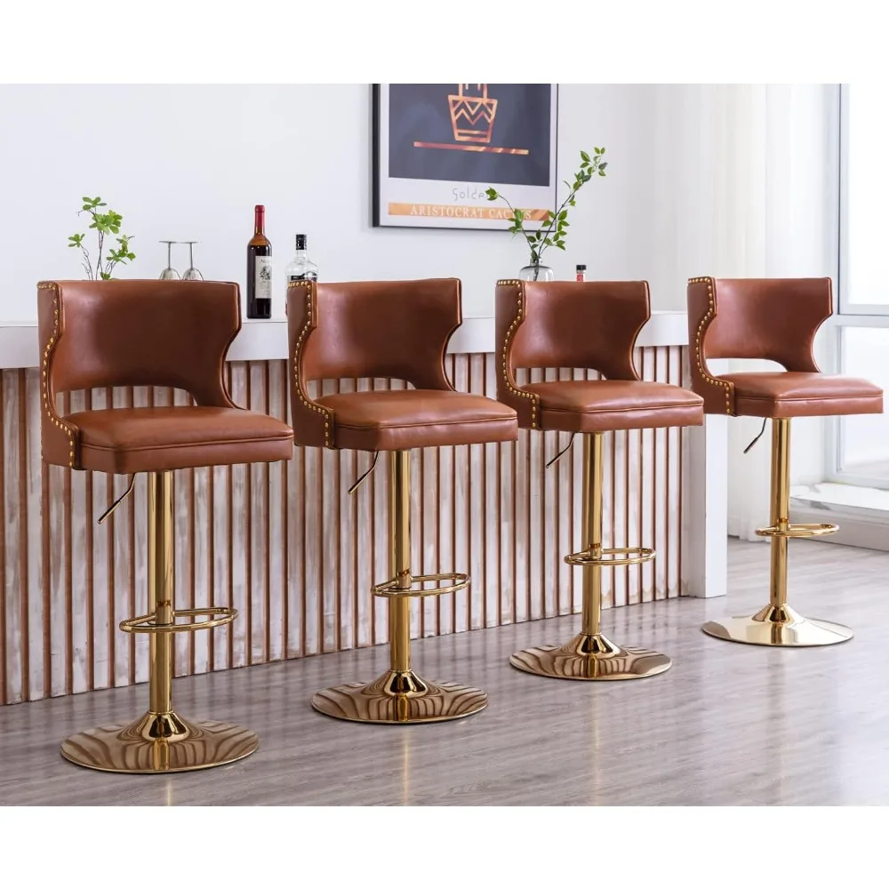 

EALSON Leather Bar Stools Set of 4 Swivel Counter Height Barstools with Back Adjustable Bar Chairs with Gold Base Modern Upholst