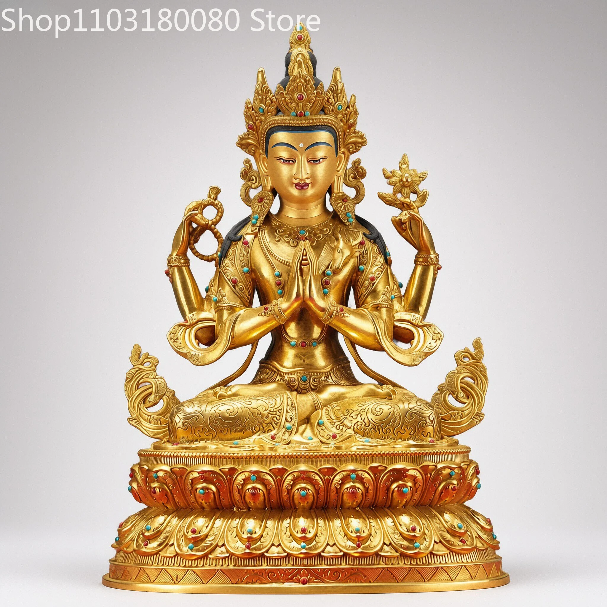 32cm Gilt Brass Four-Armed Chenrezig Avalokiteshvara Statue Tibetan Bodhisattva of Boundless Compassion Sculpture Altar Decor