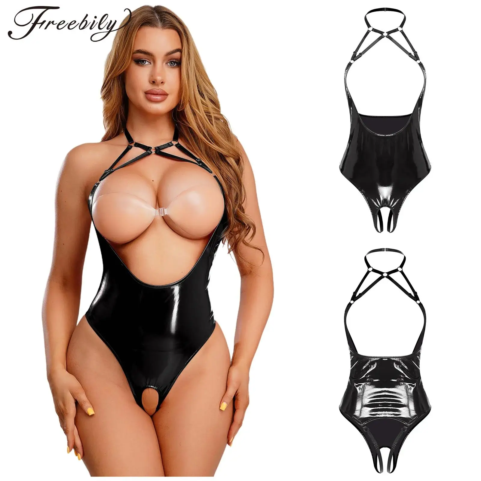 

Женское боди из лакированной кожи с мокрым эффектом и открытой грудью, боди без вырезов, Холтер с открытой спиной, глянцевое нижнее белье из искусственной кожи, комбинезон Raves, вечерние Клубная одежда